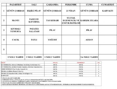 20.04.2026 - 25.04.2026 Sosyal Tesis Yemek Listesi