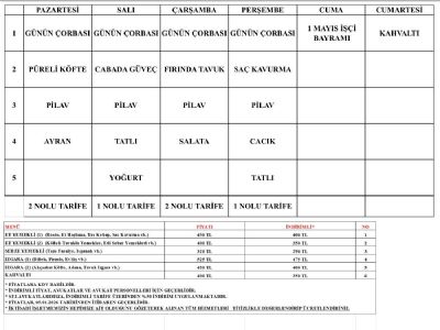 27.04.2026 - 02.05.2026 Sosyal Tesis Yemek Listesi