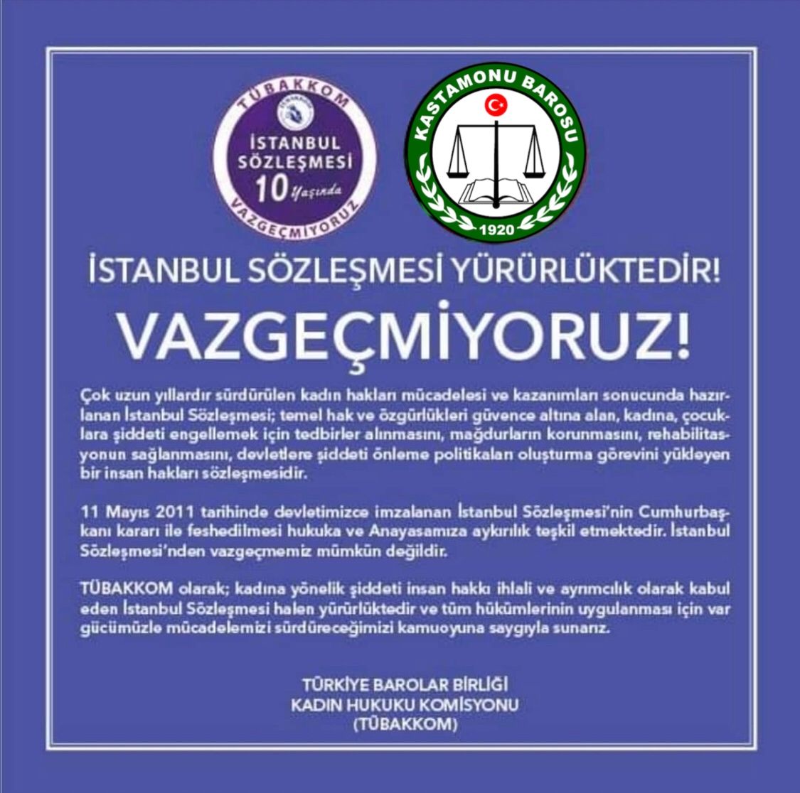Barolardan Ortak İstanbul Sözleşmesi Açıklaması
