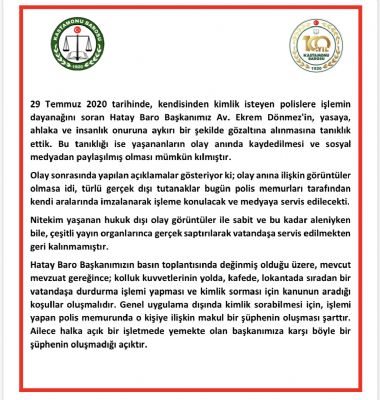 Barolardan Hatay Baro Başkanı Dönmez'e Destek